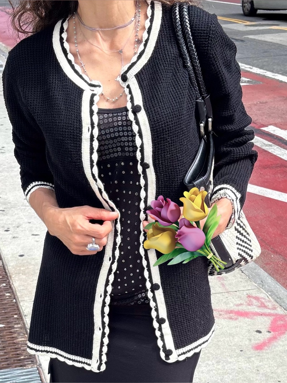 Moda International Black Cardigan with Cream Trim and Braided Edge